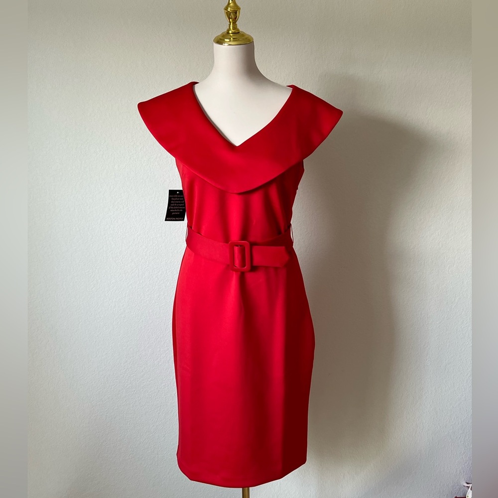 Boston Proper Bright Red V‑Neck Belted Midi Dress